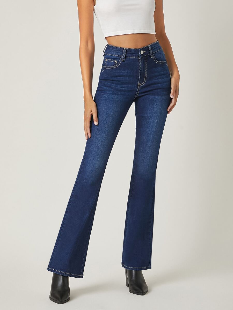 SHEIN 高腰約會傘狀牛仔褲 - 深色水洗藍 - 查看 1