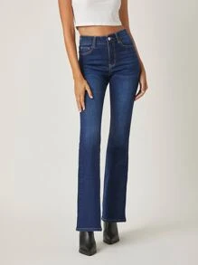 SHEIN 高腰約會傘狀牛仔褲 - 深色水洗藍 - 查看 3