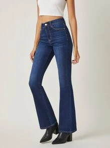 SHEIN 高腰約會傘狀牛仔褲 - 深色水洗藍 - 查看 5