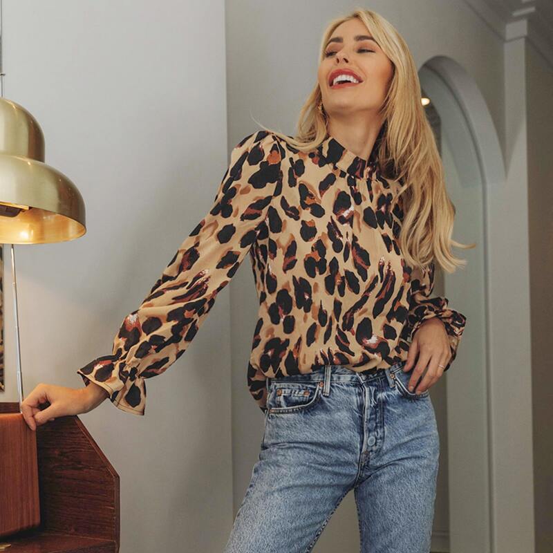 

Leopard Print Flounce Sleeve Stand Collar Blouse, Multicolor