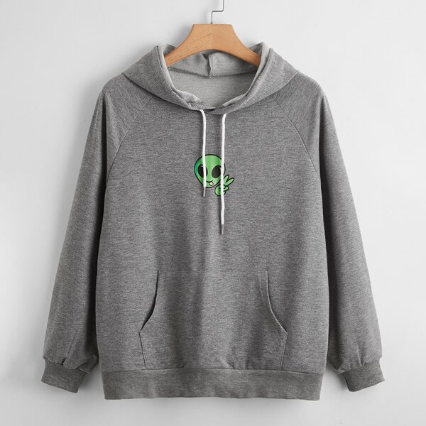 

Plus Alien Print Kangaroo Pocket Drawstring Hoodie, Grey