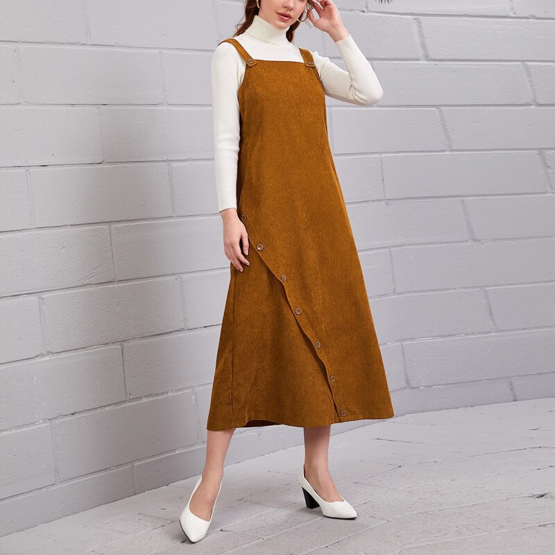 

Button Side Solid Overall Dress, Brown