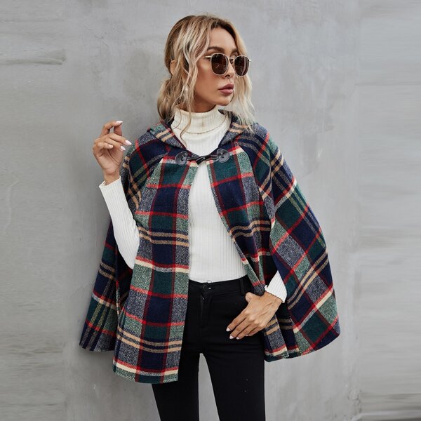 

Plaid Duffle Cape Coat, Multicolor