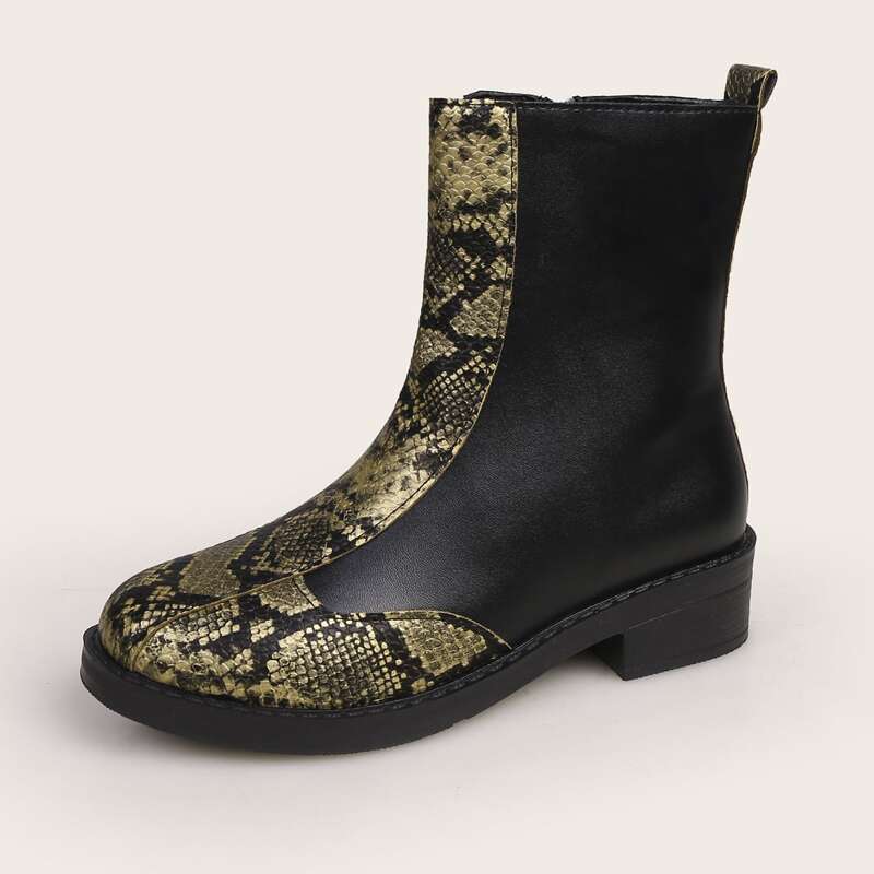 

Side Zip Snakeskin Panel Ankle Boots, Black
