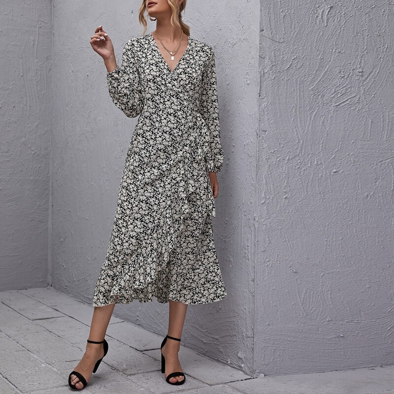 

Surplice Neck Knot Ruffle Hem Ditsy Floral Dress, Multicolor