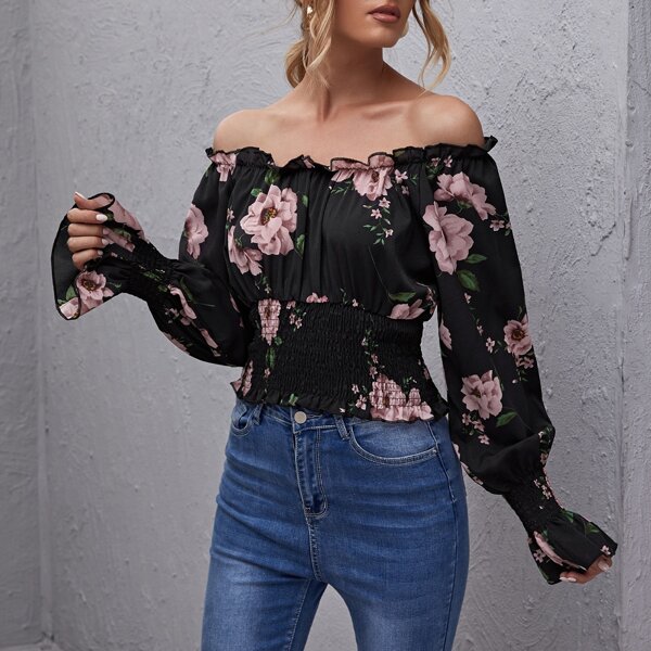 

Frill Off Shoulder Ruched Bust Shirred Floral Crop Top, Black