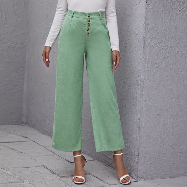 

Button Fly Cord Wide Leg Pants, Mint green
