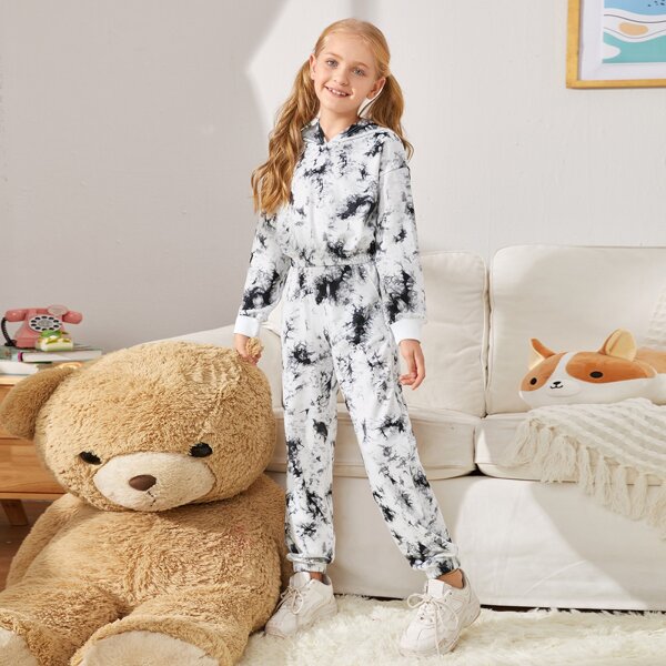

Girls Drop Shoulder Tie Dye Hoodie & Sweatpants Set, Black and white