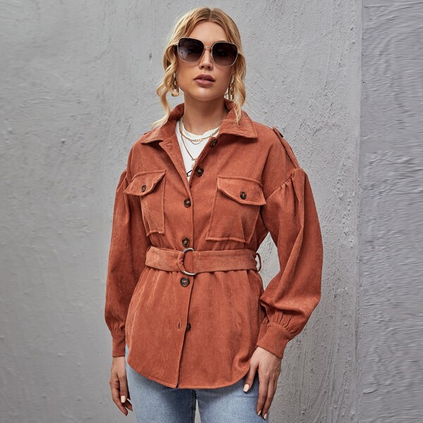 

Flap Pocket Buckle Belted Corduroy Coat, Burnt orange