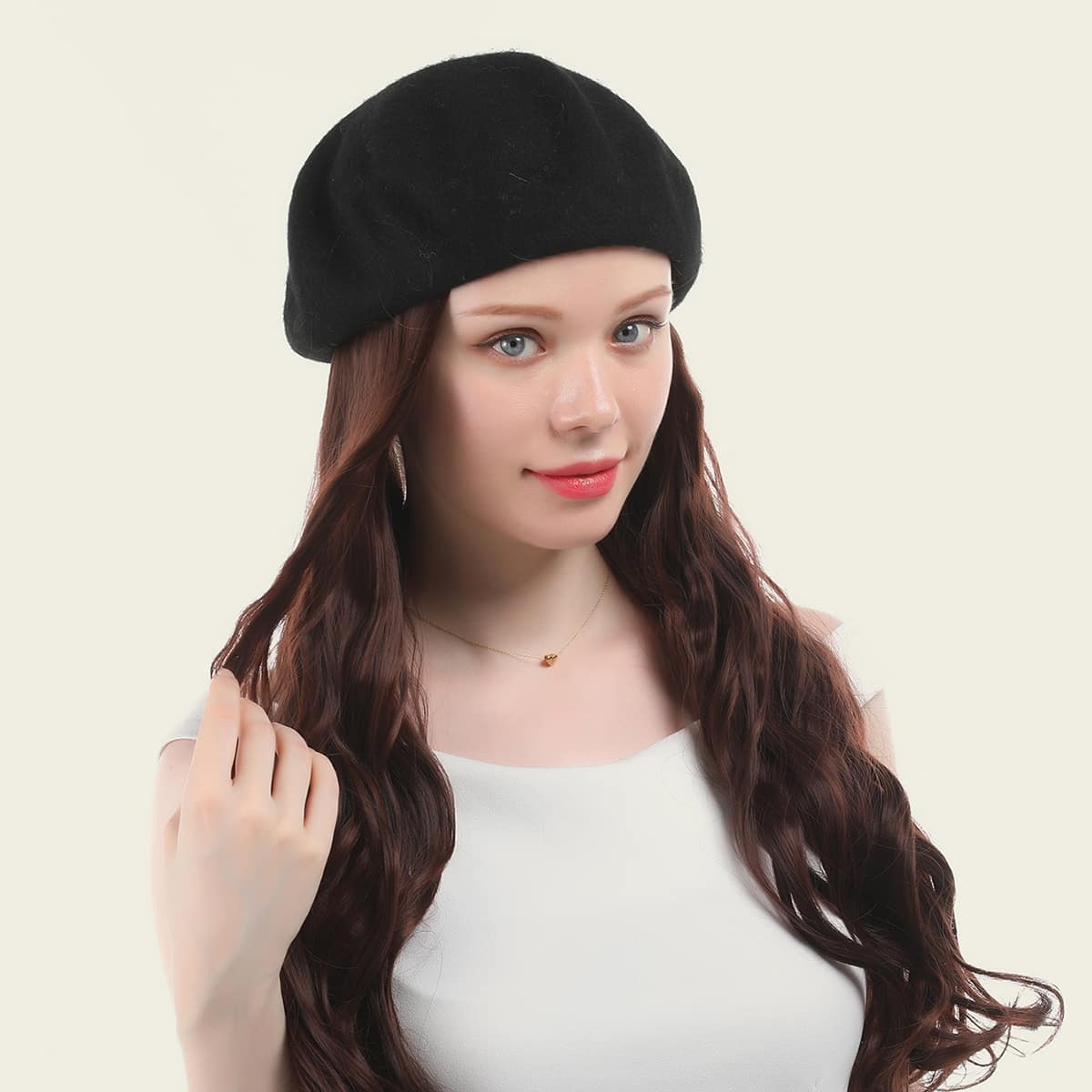 

Natural Long Curly Wig With Beret, Brown