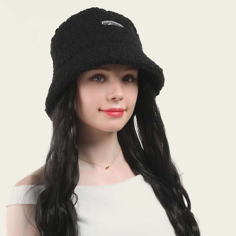

Natural Long Curly Wig With Bucket Hat, Black