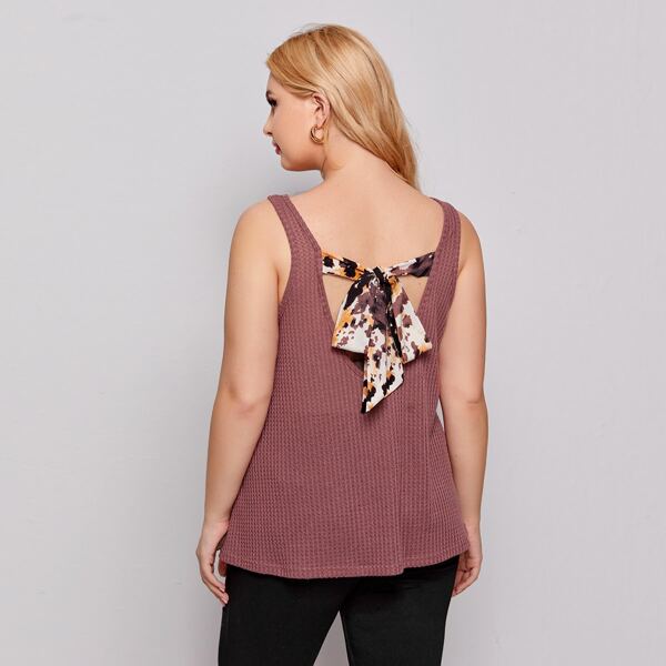 

Plus Tied Backless Waffle Knit Tank Top, Redwood
