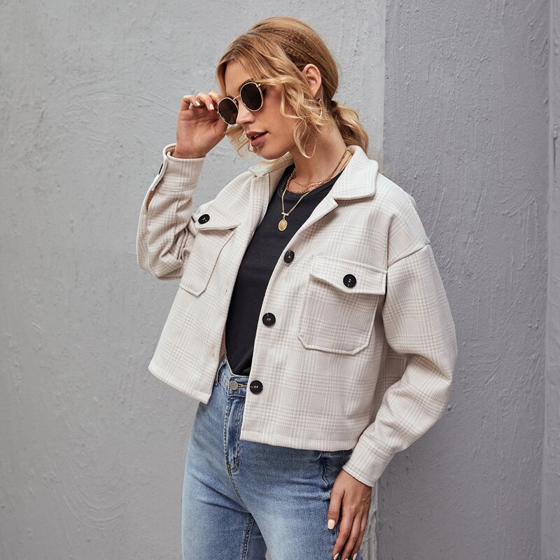 

Drop Shoulder Button Front Plaid Jacket, Multicolor