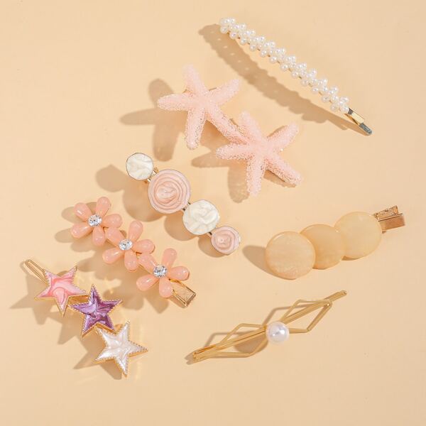 

7pcs Star & Flower Detail Hair Clip, Multicolor