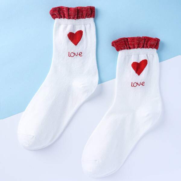 

Heart Print Crew Socks, White