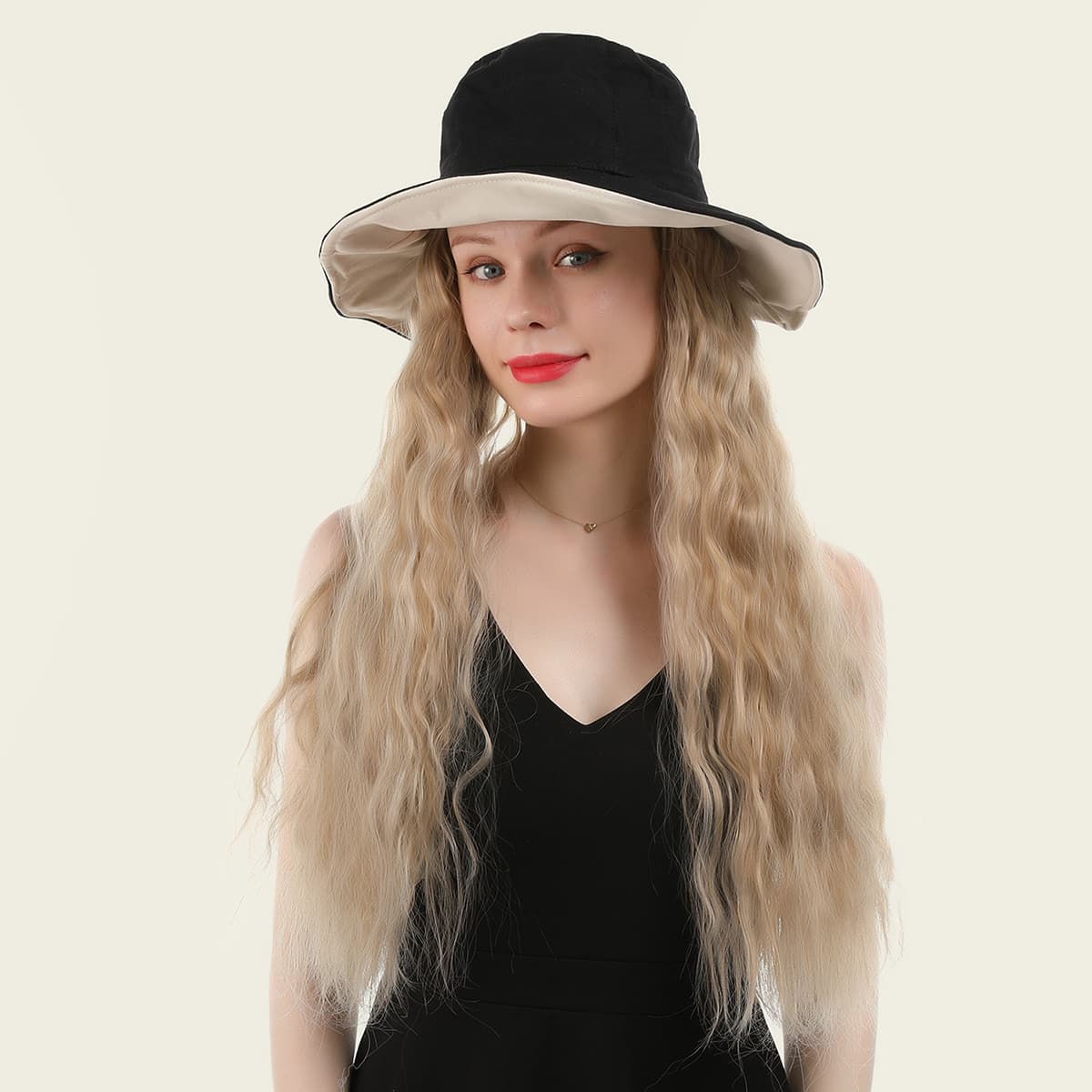 

Natural Long Curly Wig With Hat, Khaki