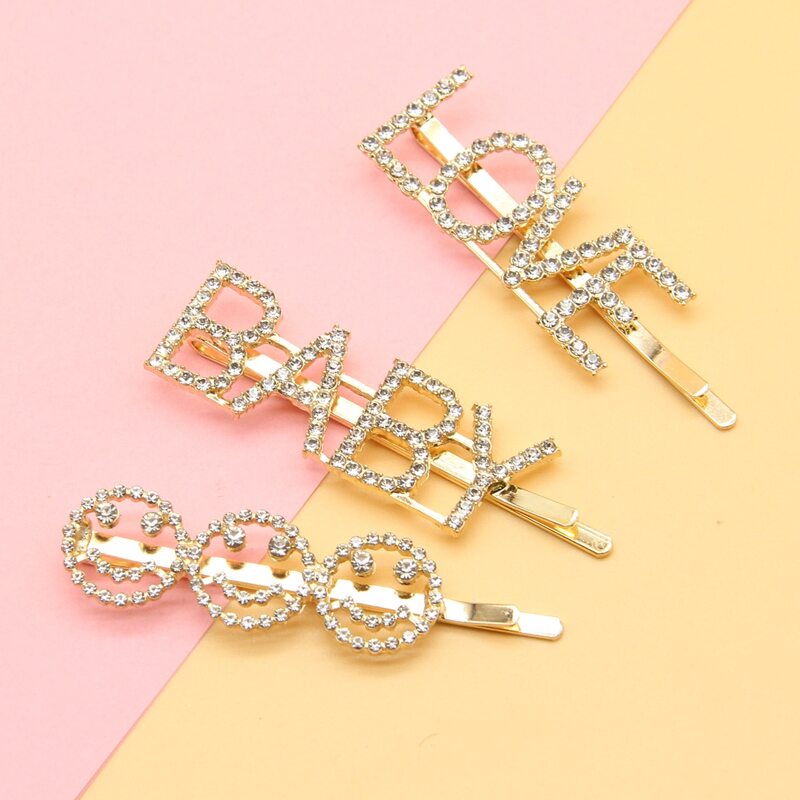 

3pcs Rhinestone Letter Hair Clip, Gold