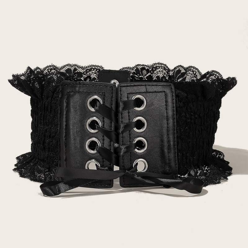 

Floral Lace Lace-up Wide Belt, Black