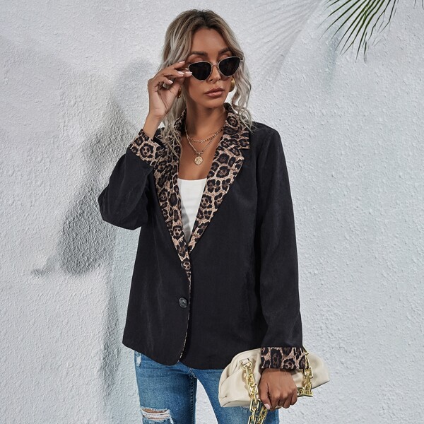 

Lapel Collar Leopard Panel Button Front Blazer, Black