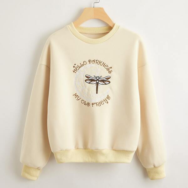 

Slogan & Dragonfly Embroidery Pullover, Beige