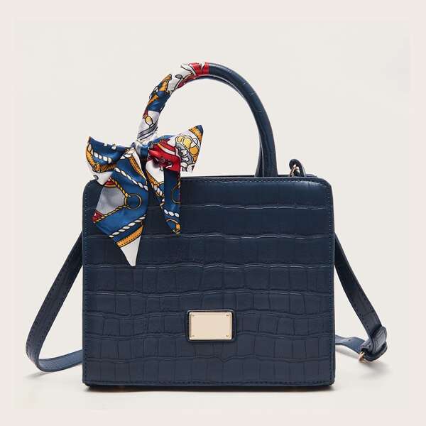 

Croc Embossed Satchel Bag With Twilly Scarf, Blue