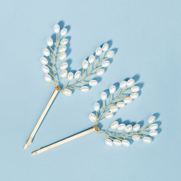 

2pcs Faux Pearl Decor Bobby Pin, Gold