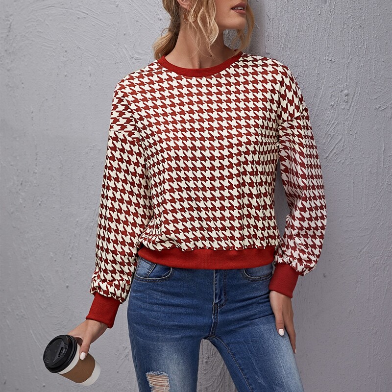 

Drop Shoulder Houndstooth Sweatshirt, Red and white