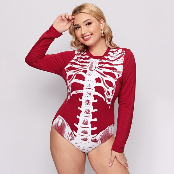 

Plus Halloween Print Fitted Bodysuit, Burgundy
