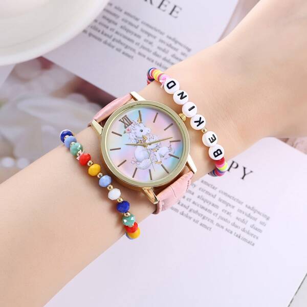 

3pcs Unicorn Pattern Dial Quartz Watch & Bracelet Set