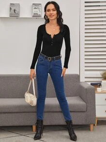 SHEIN Essnce Camiseta de punto acanalado con botones a presión y media abertura - Negro - Ver 5