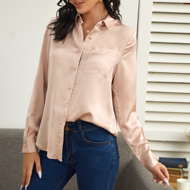

Collared Buttoned Pocket Front Satin Blouse, Pastel baby pink