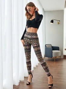 SHEIN LUNE 幾何圖案高腰緊身褲 - 彩色 - 查看 4