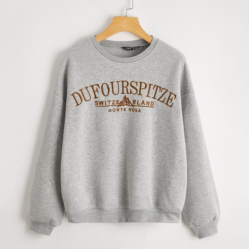 

Drop Shoulder Embroidered Letter Pullover, Light grey