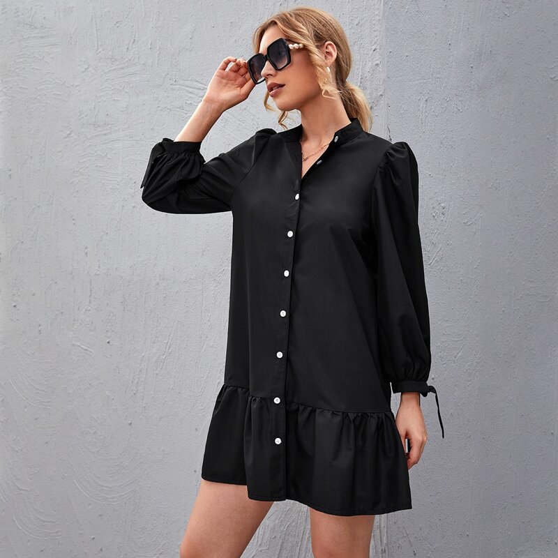 

Knot Cuff Button Front Ruffle Hem Dress, Black