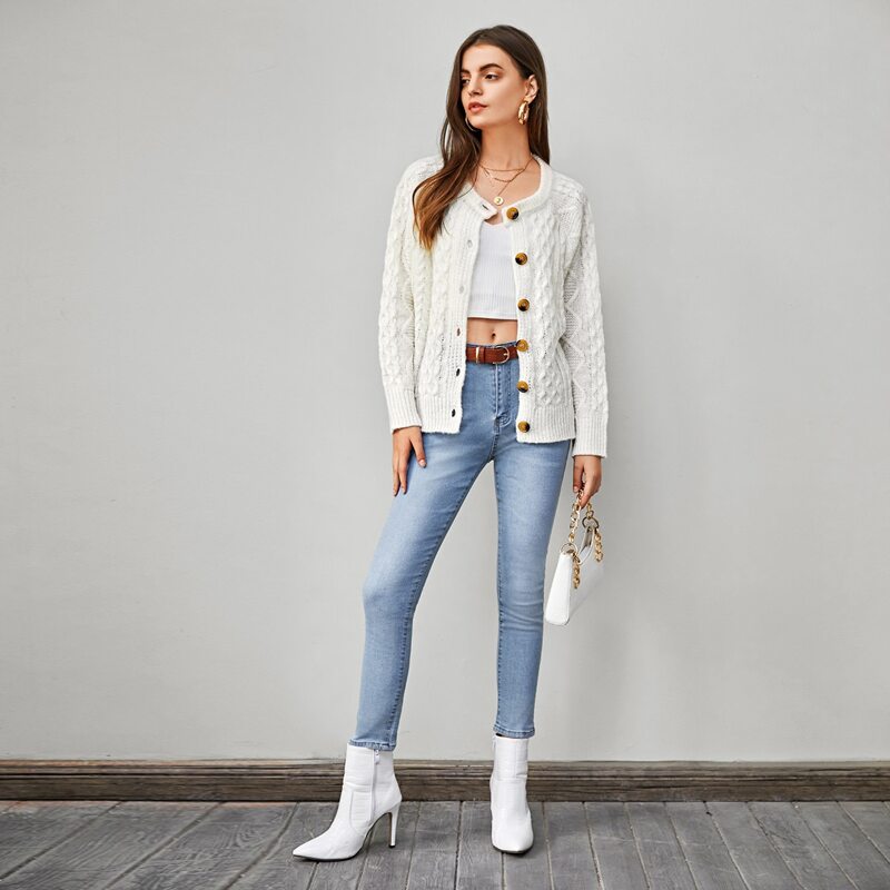 

Cable Knit Button Front Cardigan, White