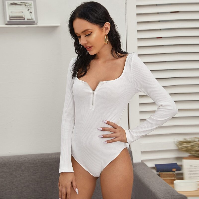 

O-ring Zipper Half Placket Bodysuit, White