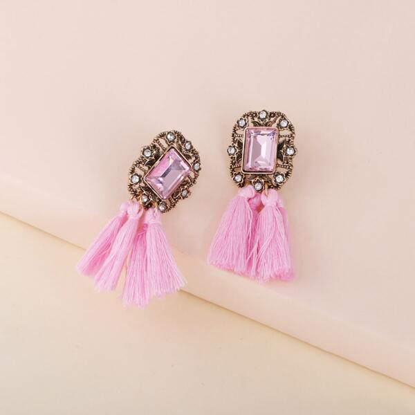 

Tassel Charm Rhinestone Decor Drop Earrings, Pink