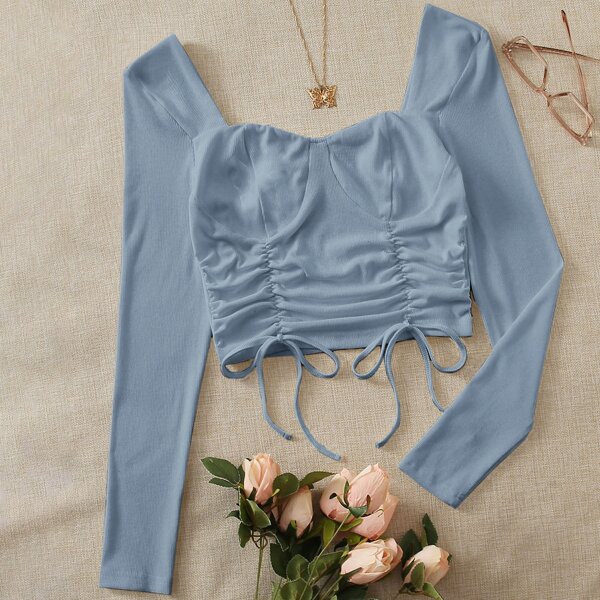

Drawstring Ruched Front Bustier Crop Top, Dusty blue