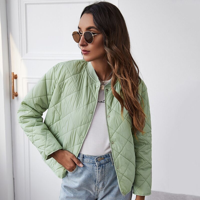 

Baseball Collar Slant Pockets Padded Jacket, Mint green