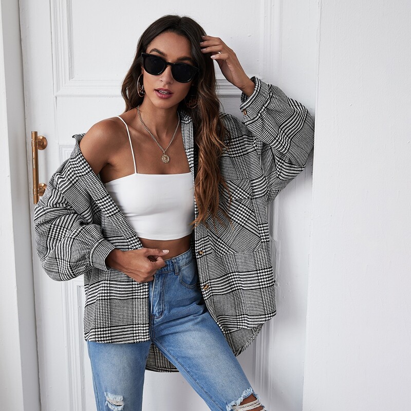 

Plaid Flap Pocket Boyfriend Overshirt, Black and white