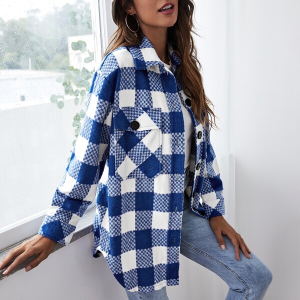

Buffalo Plaid Flap Pockets Overcoat, Blue and white