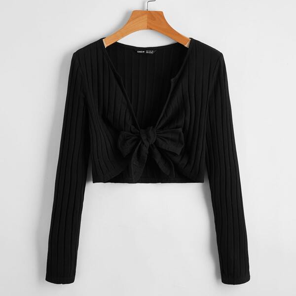 

Tie Front Rib-knit Top, Black