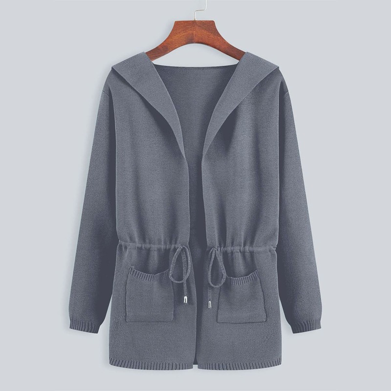 

Dual Pocket Drawstring Waist Cardigan, Dark grey