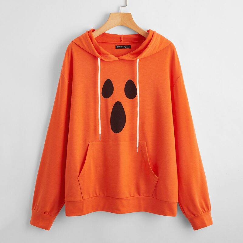

Kangaroo Pocket Drawstring Halloween Print Hoodie, Orange