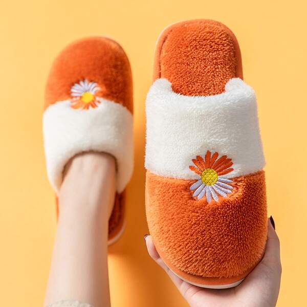 

Floral Embroidered Fluffy Slippers, Orange