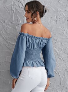 SHEIN Holidaya Off Shoulder Shirred Back Corset Lace Up Peplum Top - Dusty Blue - View 2