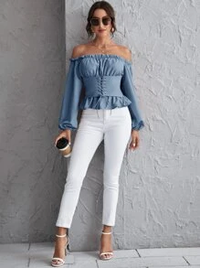 SHEIN Holidaya Off Shoulder Shirred Back Corset Lace Up Peplum Top - Dusty Blue - View 4