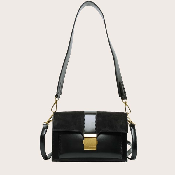 

Metal Lock Flap Shoulder Bag, Black