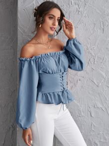 SHEIN Holidaya Off Shoulder Shirred Back Corset Lace Up Peplum Top - Dusty Blue - View 5