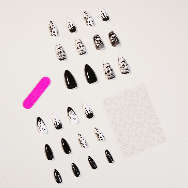

24pcs Halloween Fake Nail & 1sheet Tape & 1pc Nail File, Black and white